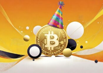 Logo de bitcoin con un gorro de cumpleaños.