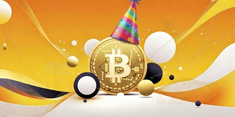 Logo de bitcoin con un gorro de cumpleaños.