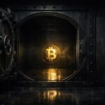 Bóveda con bitcoin brillante al fondo.