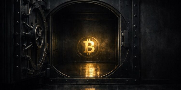Bóveda con bitcoin brillante al fondo.