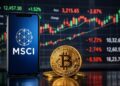 Smartphone con el logo de MSCI en pantalla junto a una moneda física de bitcoin, con gráficos bursátiles.