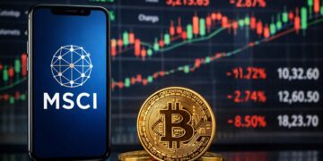 Smartphone con el logo de MSCI en pantalla junto a una moneda física de bitcoin, con gráficos bursátiles.