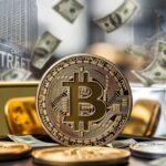 moneda de bitcoin, lingotes de oro y plata, y de fondo gráficos de Wall Street y minerías, y la devaluación del dólar.