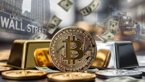 moneda de bitcoin, lingotes de oro y plata, y de fondo grรกficos de Wall Street y minerรญas, y la devaluaciรณn del dรณlar.