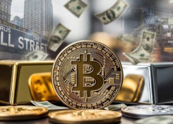moneda de bitcoin, lingotes de oro y plata, y de fondo gráficos de Wall Street y minerías, y la devaluación del dólar.