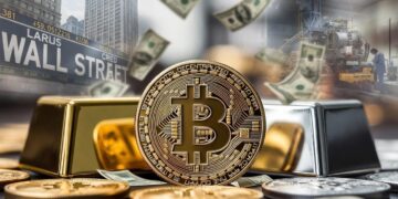 moneda de bitcoin, lingotes de oro y plata, y de fondo gráficos de Wall Street y minerías, y la devaluación del dólar.