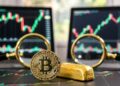 moneda de bitcoin y lingote de oro, y detrás gráficos de precio con lupas.