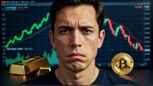 Una persona con cara de decepcionado y detrás, por un lado, un lingote de oro y un gráfico de precio verde en subida, y por el otro lado una moneda de bitcoin con un gráfico de precio rojo en caída.