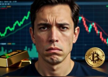 Una persona con cara de decepcionado y detrás, por un lado, un lingote de oro y un gráfico de precio verde en subida, y por el otro lado una moneda de bitcoin con un gráfico de precio rojo en caída.
