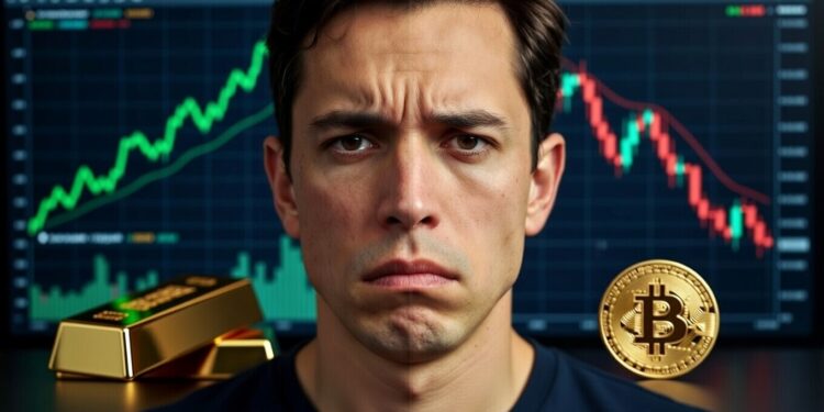 Una persona con cara de decepcionado y detrás, por un lado, un lingote de oro y un gráfico de precio verde en subida, y por el otro lado una moneda de bitcoin con un gráfico de precio rojo en caída.