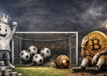 Ilustración realista de una moneda de plata triunfando sobre bitcoin en un estadio de fútbol.