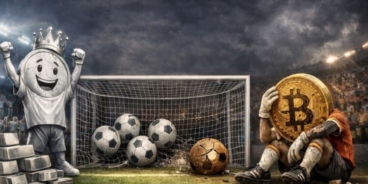 Ilustración realista de una moneda de plata triunfando sobre bitcoin en un estadio de fútbol.