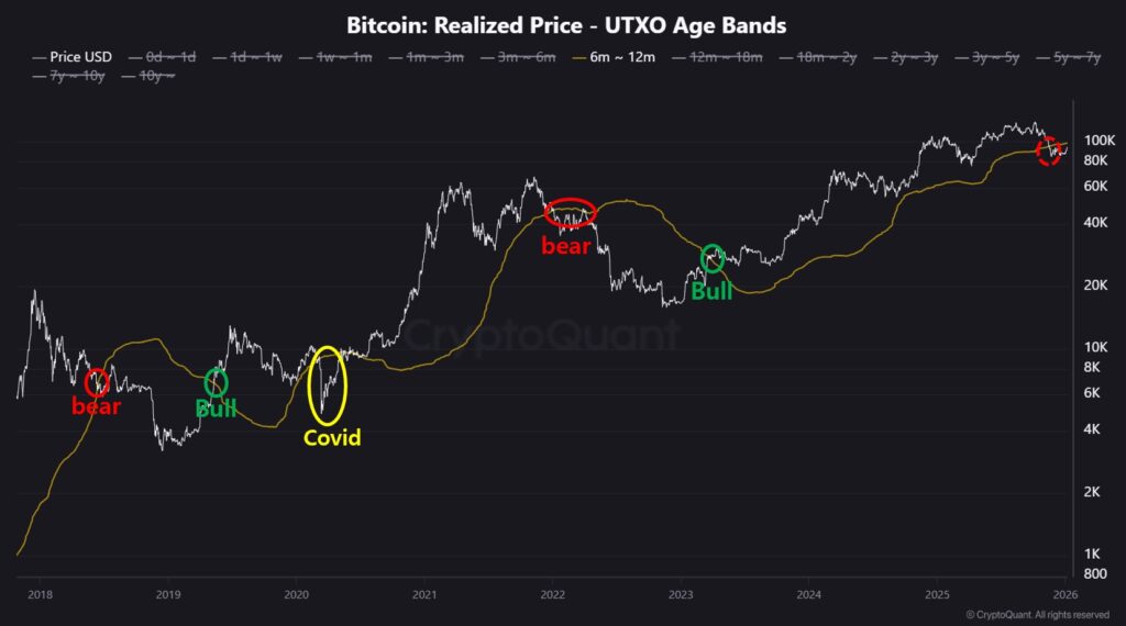 Gráfico del precio promedio de las monedas de bitcoin movidas hace 6-12 meses.