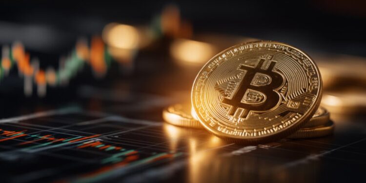 Moneda física de bitcoin con gráficos de mercado en el fondo.