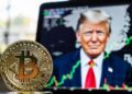 Moneda de bitcoin, gráfico de precio con subida verde, y detrás Donald Trump y un mapa de Groenlandia.