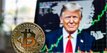 Moneda de bitcoin, gráfico de precio con subida verde, y detrás Donald Trump y un mapa de Groenlandia.
