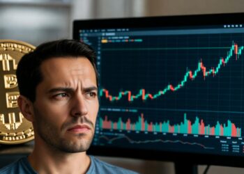 Una moneda de bitcoin, un gráfico de precio subiendo y un hombre observando con cara de duda.