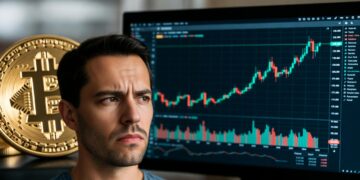 Una moneda de bitcoin, un gráfico de precio subiendo y un hombre observando con cara de duda.