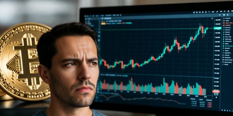 Una moneda de bitcoin, un gráfico de precio subiendo y un hombre observando con cara de duda.
