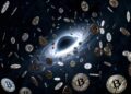 Agujero negro devorando numerosas monedas bitcoin doradas