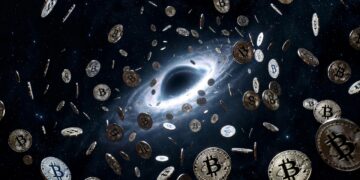 Agujero negro devorando numerosas monedas bitcoin doradas