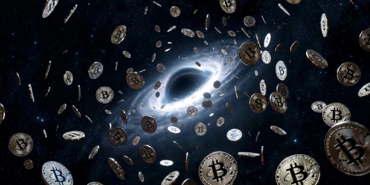 Agujero negro devorando numerosas monedas bitcoin doradas