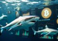 Imagen de tiburones y bitcoin.