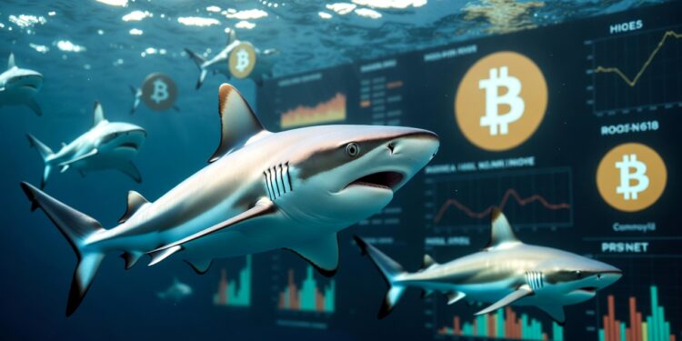 Imagen de tiburones y bitcoin.