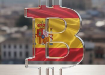 Logo de bitcoin en cristal que muestra la bandera de España y de fondo una ciudad.