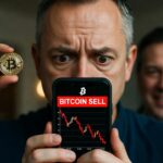 Persona atemorizada por vender bitcoin en el celular mientras otros sostienen la moneda alcistas