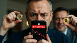 Persona atemorizada por vender bitcoin en el celular mientras otros sostienen la moneda alcistas