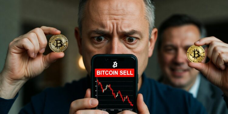 Persona atemorizada por vender bitcoin en el celular mientras otros sostienen la moneda alcistas