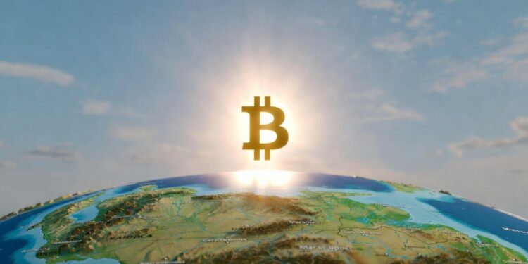 El símbolo de bitcoin como si fuera un sol alumbrando sobre el mapa de Venezuela.