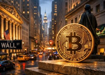 Moneda física de bitcoin brillando en Wall Street frente a la Bolsa de Nueva York, como símbolo de la adopción institucional.