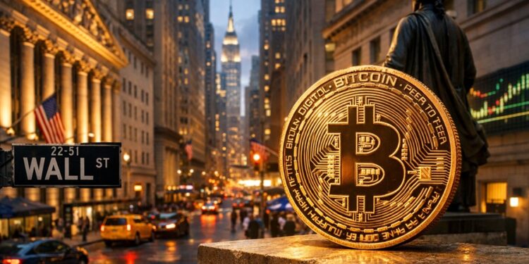 Moneda física de bitcoin brillando en Wall Street frente a la Bolsa de Nueva York, como símbolo de la adopción institucional.