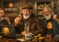 Bitcoiners veteranos celebran mantener sus bitcoins mientras observan una laptop.