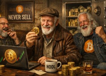 Bitcoiners veteranos celebran mantener sus bitcoins mientras observan una laptop.