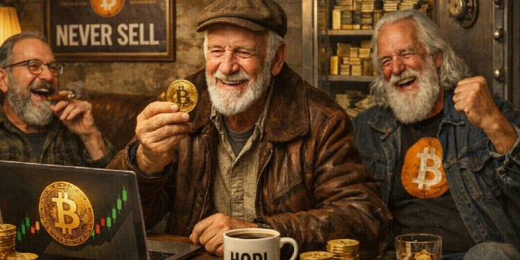 Bitcoiners veteranos celebran mantener sus bitcoins mientras observan una laptop.