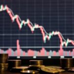 monedas de bitcoin y gráficos de precio en caída rojos