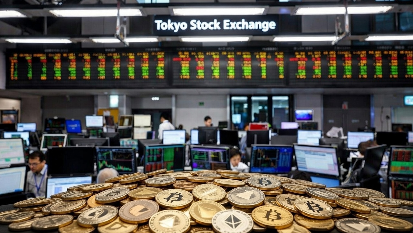 criptomonedas y detrรกs pantallas del mercado bursรกtil y la bolsa de Tokio.