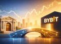 Bybit conectándose a un banco tradicional mediante un puente tecnológico, con gráficos bursátiles de fondo