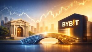 Bybit conectándose a un banco tradicional mediante un puente tecnológico, con gráficos bursátiles de fondo