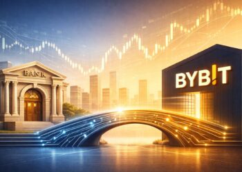 Bybit conectándose a un banco tradicional mediante un puente tecnológico, con gráficos bursátiles de fondo
