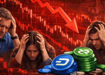 Personas tomándose la cabeza delante de gráficos de precios en rojo y una pila de monedas físicas de dash y decred.