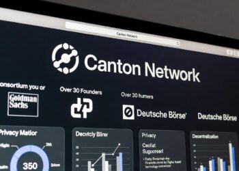 Una monitor muestra un sitio web de Canton Network en blanco y negro.