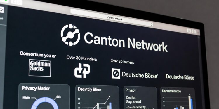 Una monitor muestra un sitio web de Canton Network en blanco y negro.
