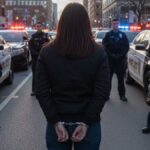 Mujer esposada con efectivos de policía y patrullas.