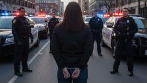 Mujer esposada con efectivos de policía y patrullas.