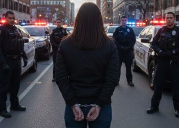 Mujer esposada con efectivos de policía y patrullas.