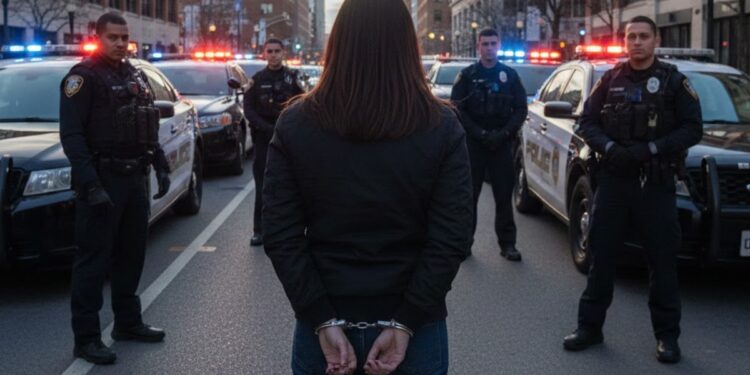 Mujer esposada con efectivos de policía y patrullas.